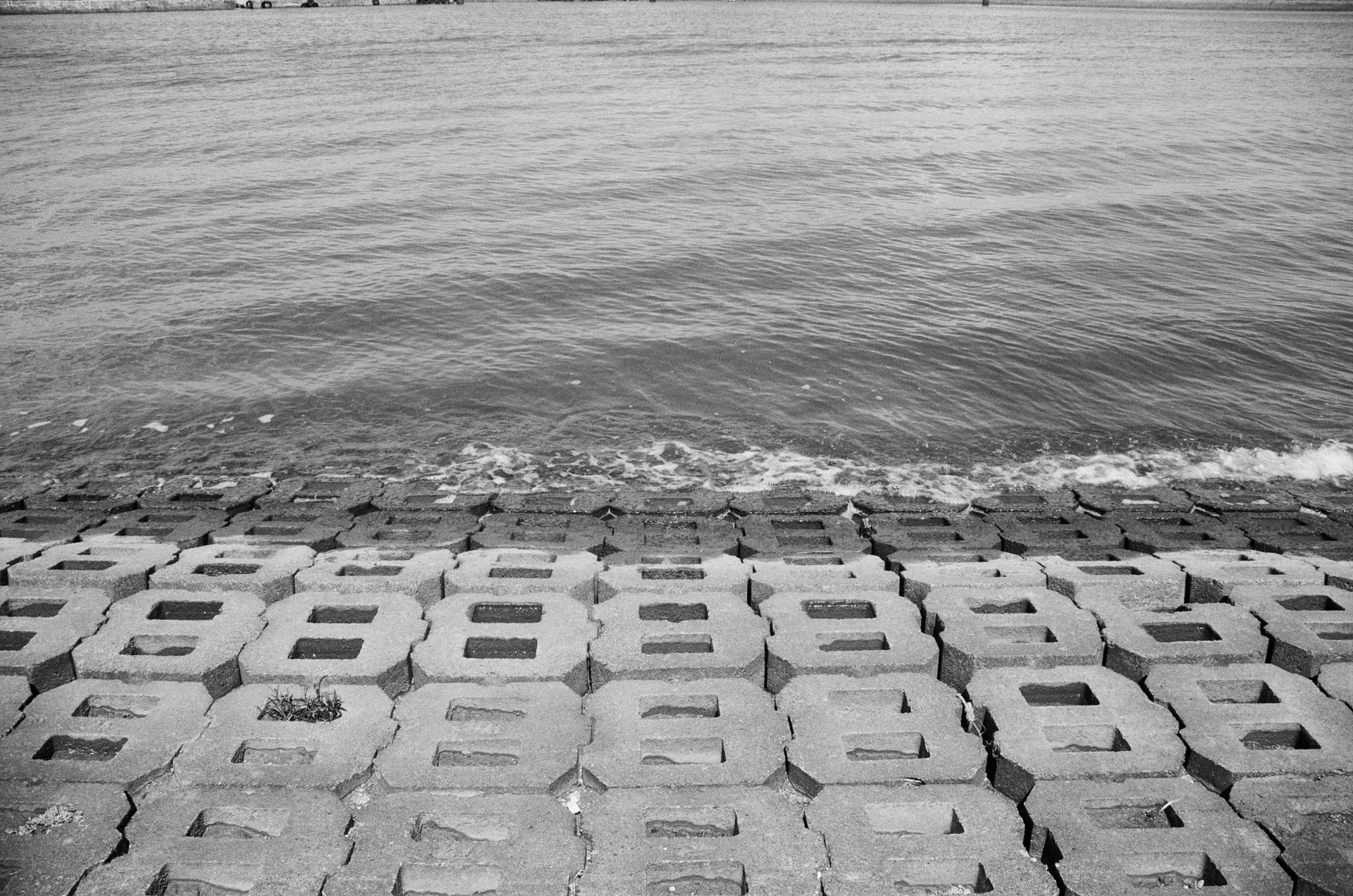 Concrete shoreline blocks meeting the water